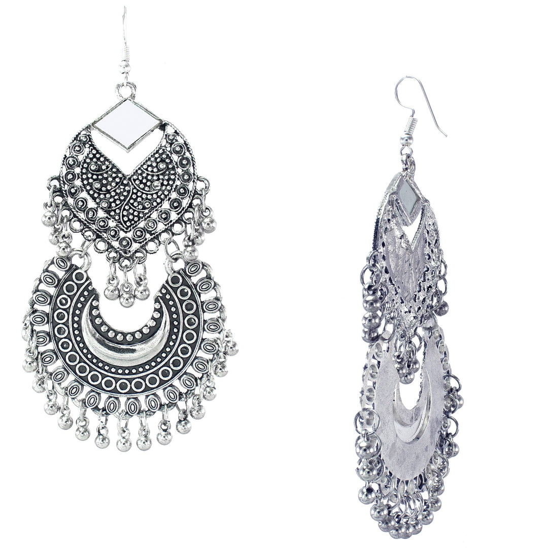 Abhinn Stylish Silver Oxidised Afghani Tribal Mirror Chandbali Earrings for Women