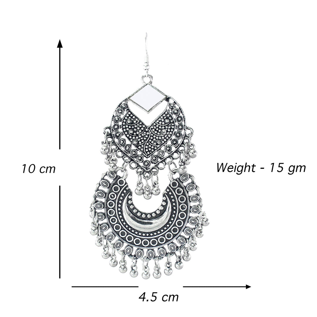 Abhinn Stylish Silver Oxidised Afghani Tribal Mirror Chandbali Earrings for Women