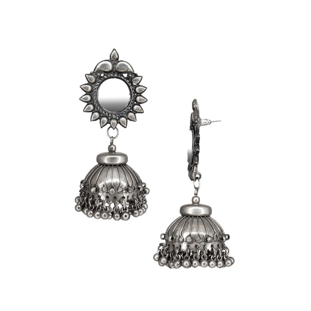 Abhinn Handmade Silver Oxidised Mirror Stud Jhumki Earrings For Women