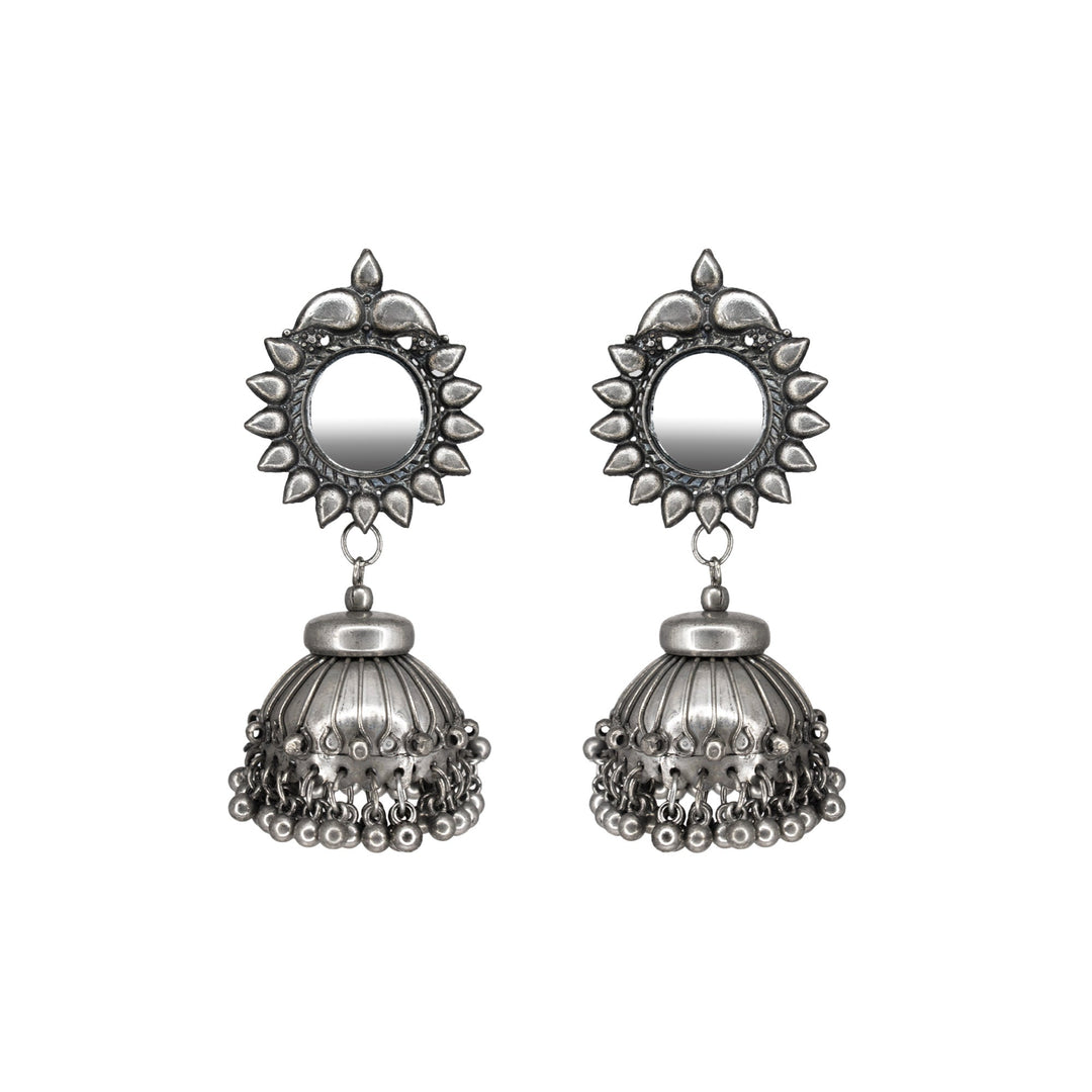 Abhinn Handmade Silver Oxidised Mirror Stud Jhumki Earrings For Women