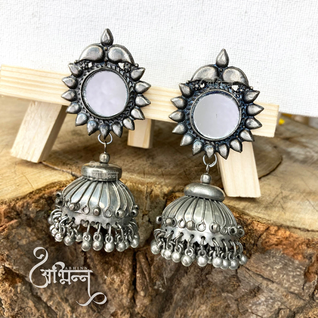 Abhinn Handmade Silver Oxidised Mirror Stud Jhumki Earrings For Women