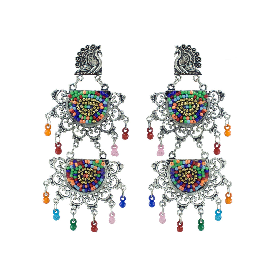 Abhinn Silver Oxidised Peacock Stud Multi Colour Beaded Dangler Earring For Women 