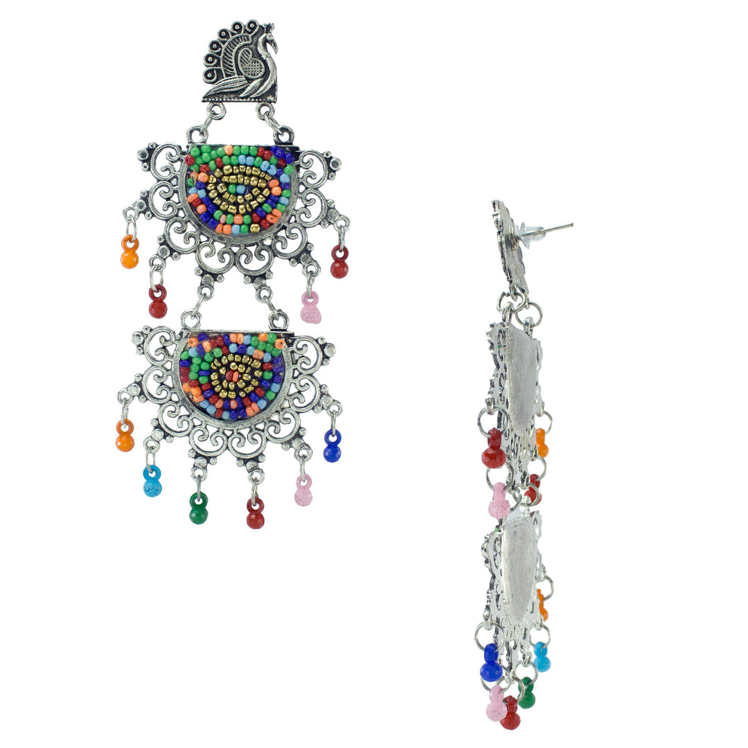 Abhinn Silver Oxidised Peacock Stud Multi Colour Beaded Dangler Earring For Women