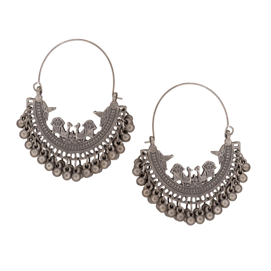 Abhinn Antique Finished Oxidised Floral And Peacock Design Hoop Earrings For Women