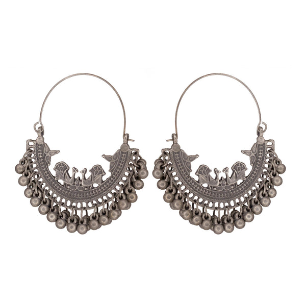 Abhinn Antique Finished Oxidised Floral And Peacock Design Hoop Earrings For Women