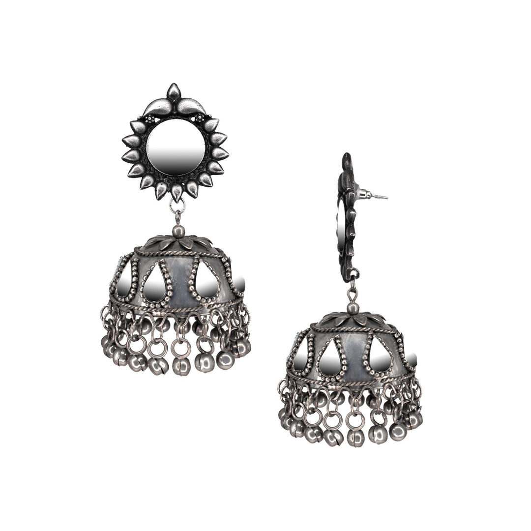 Abhinn Handmade Silver Oxidised Mirror Stud Jhumka Earrings For Women