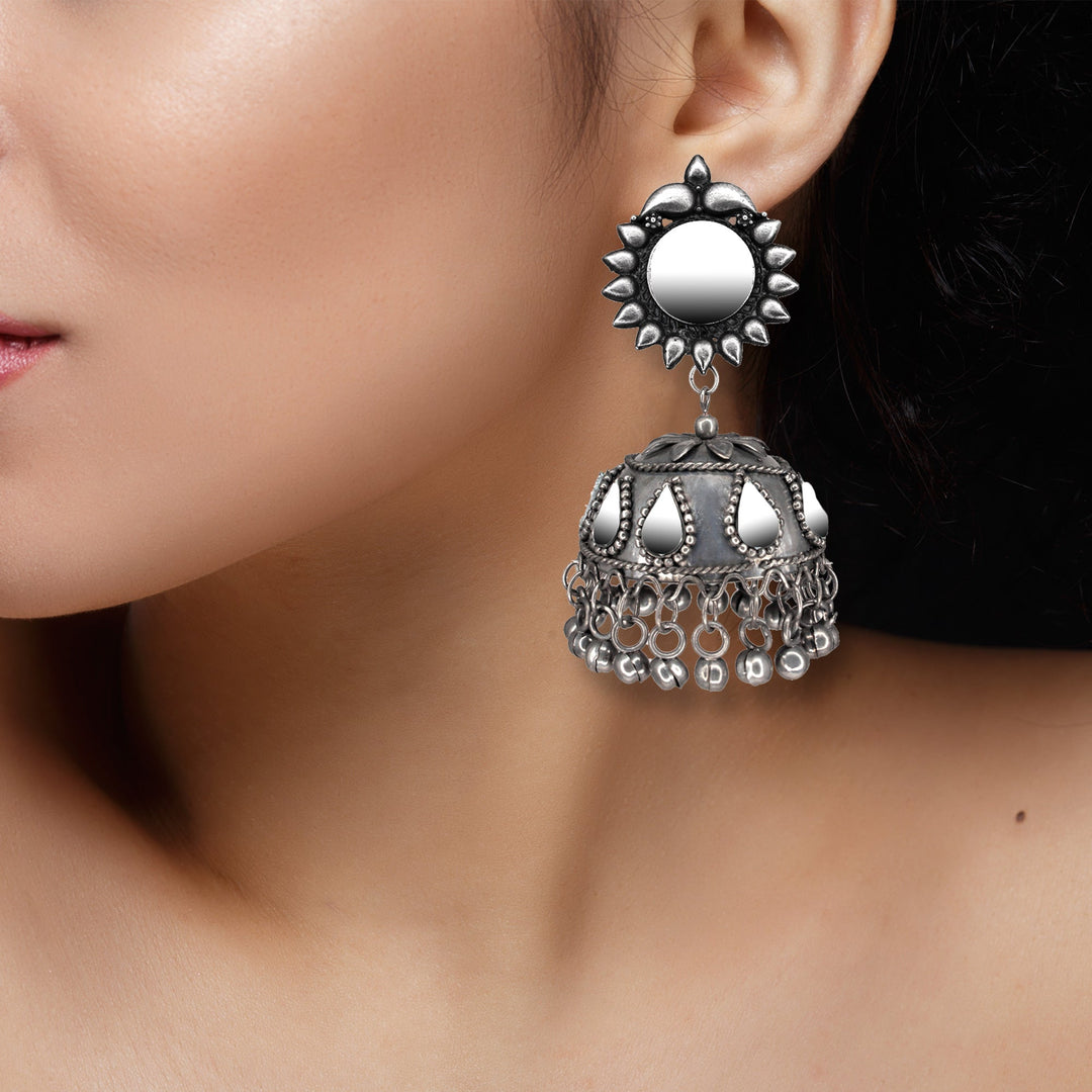 Abhinn Handmade Silver Oxidised Mirror Stud Jhumka Earrings For Women
