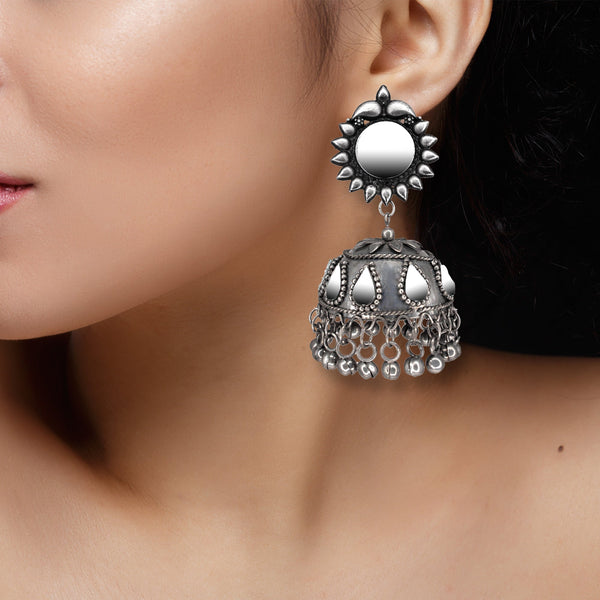 Abhinn Handmade Silver Oxidised Mirror Stud Jhumka Earrings For Women