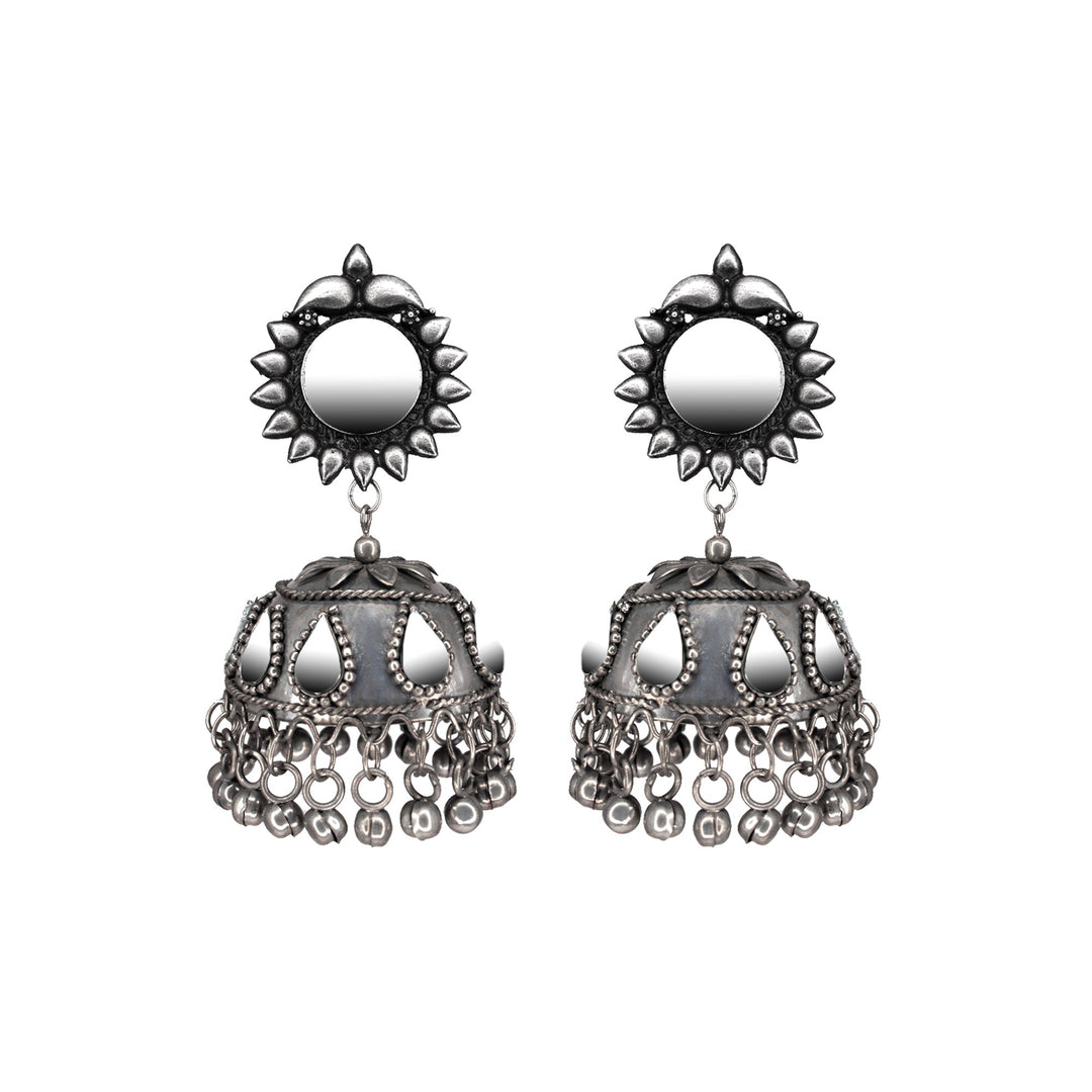 Abhinn Handmade Silver Oxidised Mirror Stud Jhumka Earrings For Women