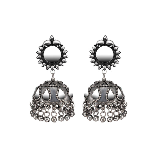 Abhinn Handmade Silver Oxidised Mirror Stud Jhumka Earrings For Women