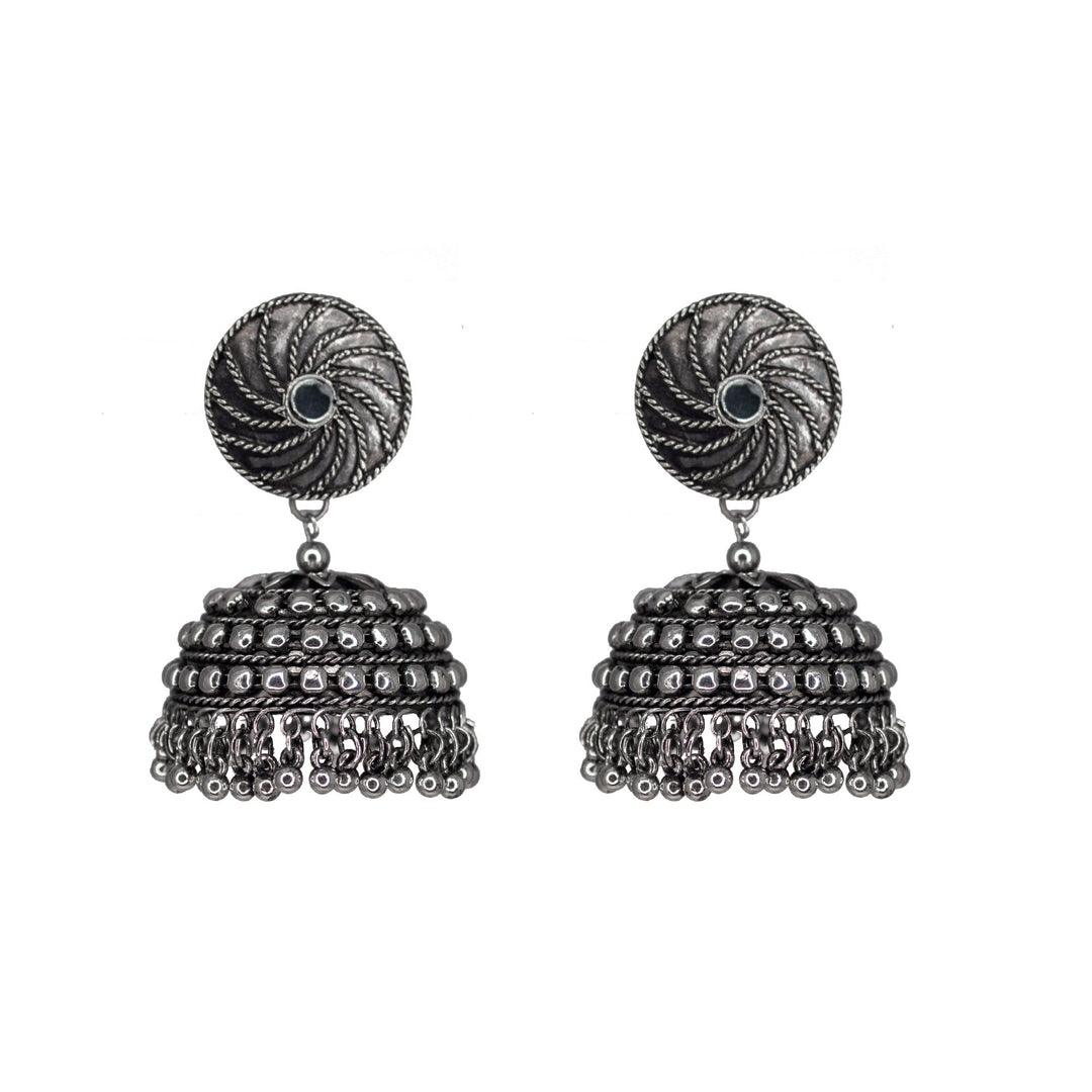 Abhinn Silver Oxidised Jhumka With Studded Silver Beads Earring For Women
