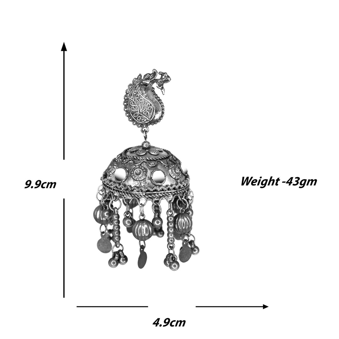 Abhinn Silver Oxidised Floral Design Jhumka With Studded Mirror Earrings For Girls