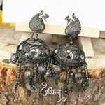 Load image into Gallery viewer, Abhinn Silver Oxidised Floral Design Jhumka With Studded Mirror Earrings For Girls
