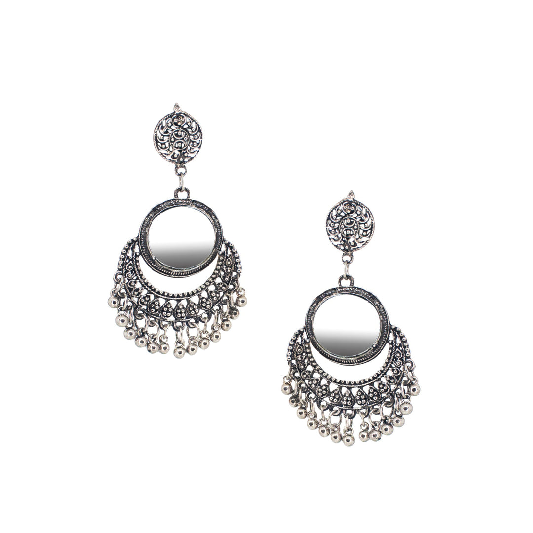 Abhinn Silver Oxidised Temple Design Dangler Earrings With Mirror For Women