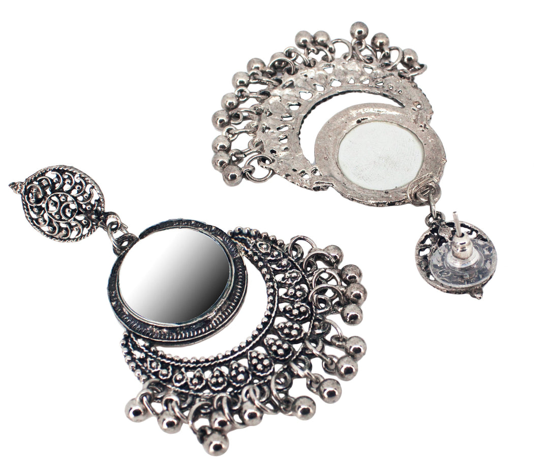 Abhinn Silver Oxidised Temple Design Dangler Earrings With Mirror For Women