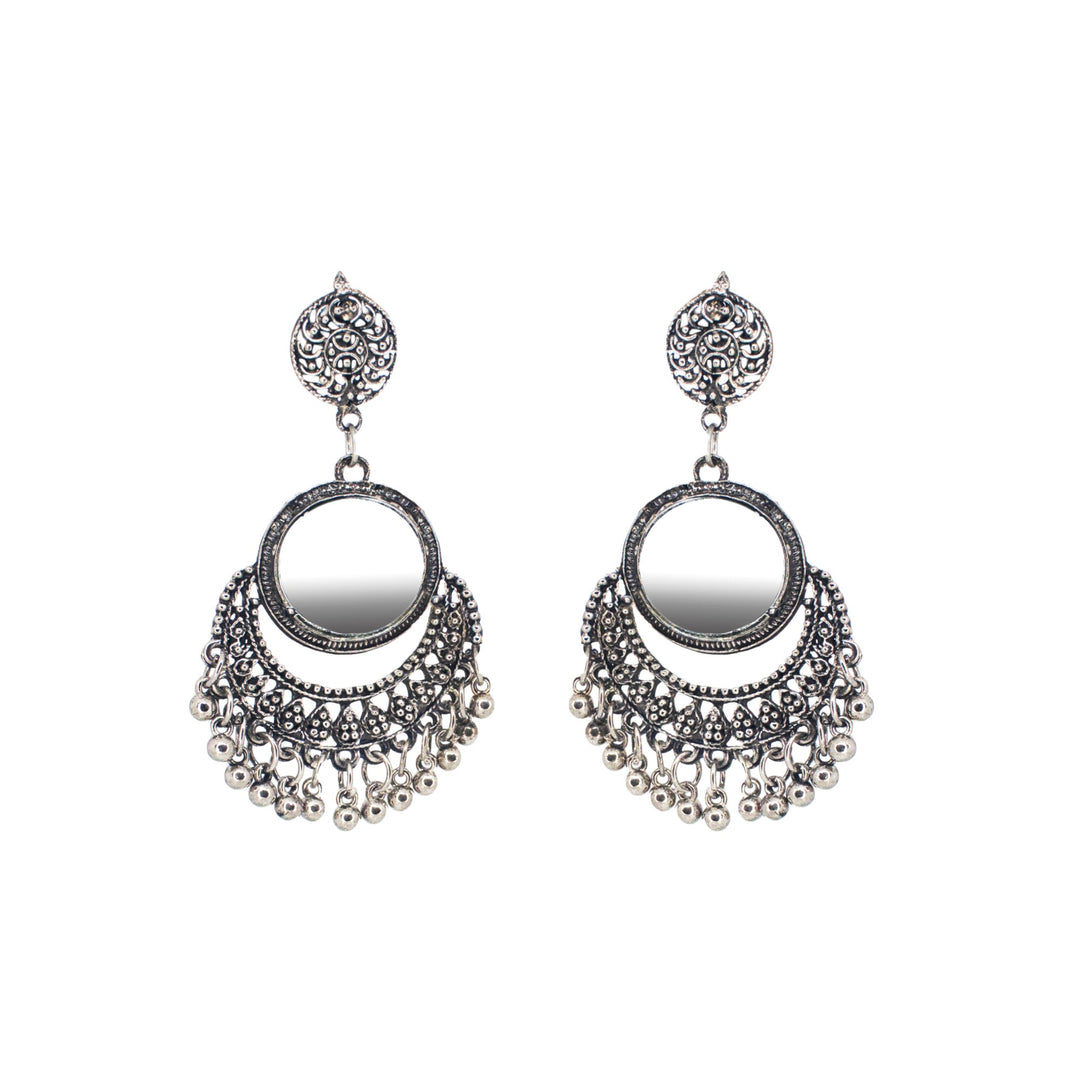 Abhinn Silver Oxidised Temple Design Dangler Earrings With Mirror For Women