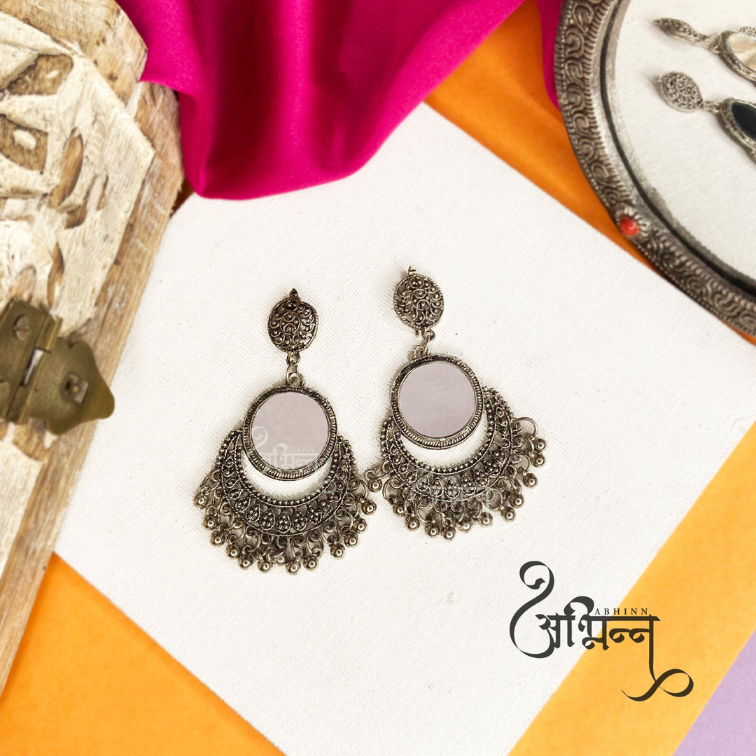 Abhinn Silver Oxidised Temple Design Dangler Earrings With Mirror For Women