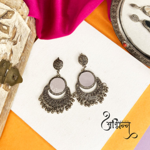 Abhinn Silver Oxidised Temple Design Dangler Earrings With Mirror For Women