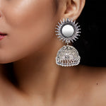 Load image into Gallery viewer, Abhinn Silver Oxidised Temple Design With Mirror Stud Jhumka Earrings For Women
