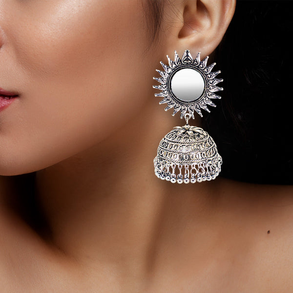Abhinn Silver Oxidised Temple Design With Mirror Stud Jhumka Earrings For Women