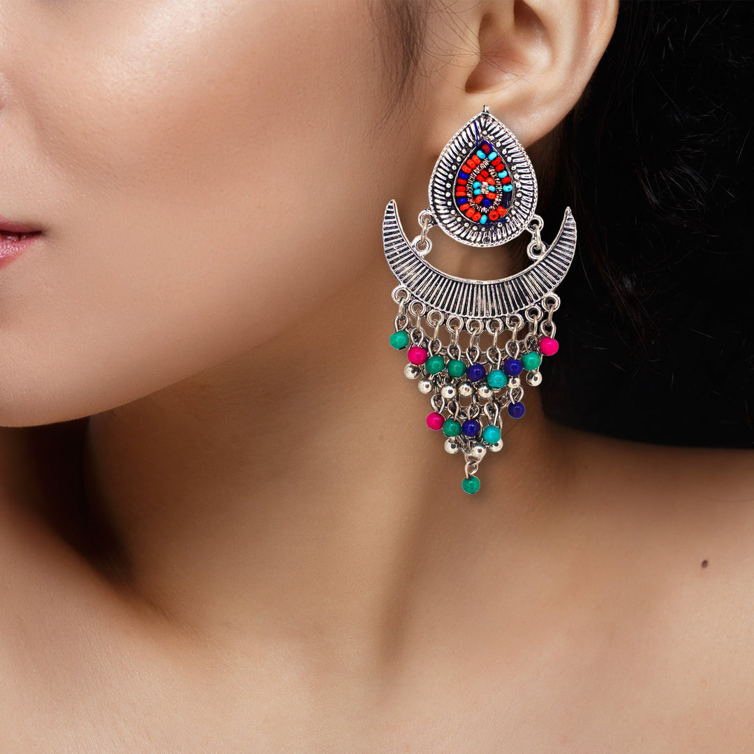 Abhinn Silver Oxidised Temple Design Beaded Dangler Earrings For Women