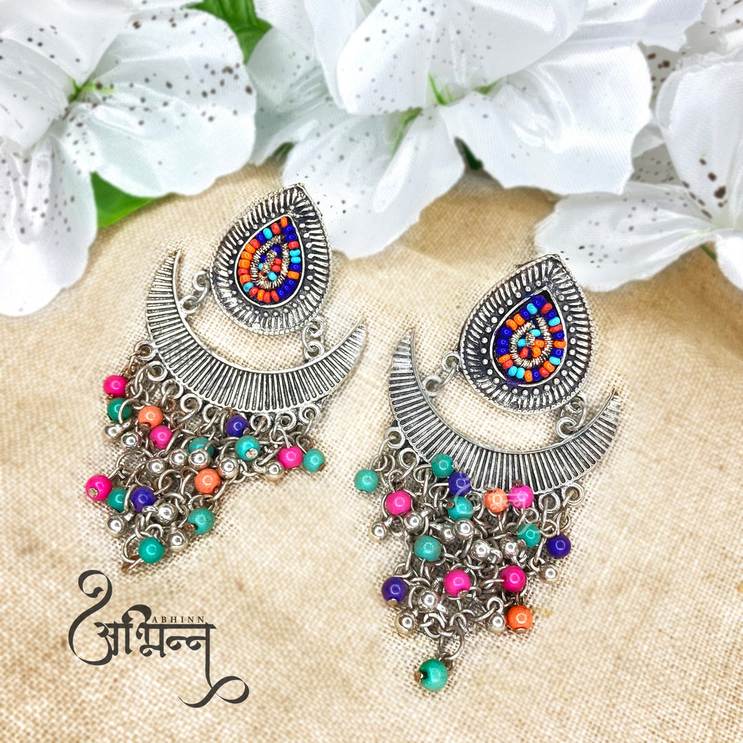 Abhinn Silver Oxidised Temple Design Beaded Dangler Earrings For Women