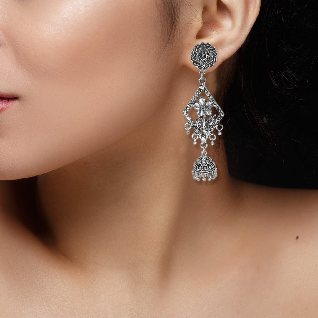 Abhinn Silver Oxidised Unique Floral Design Jhumka Earrings For Women