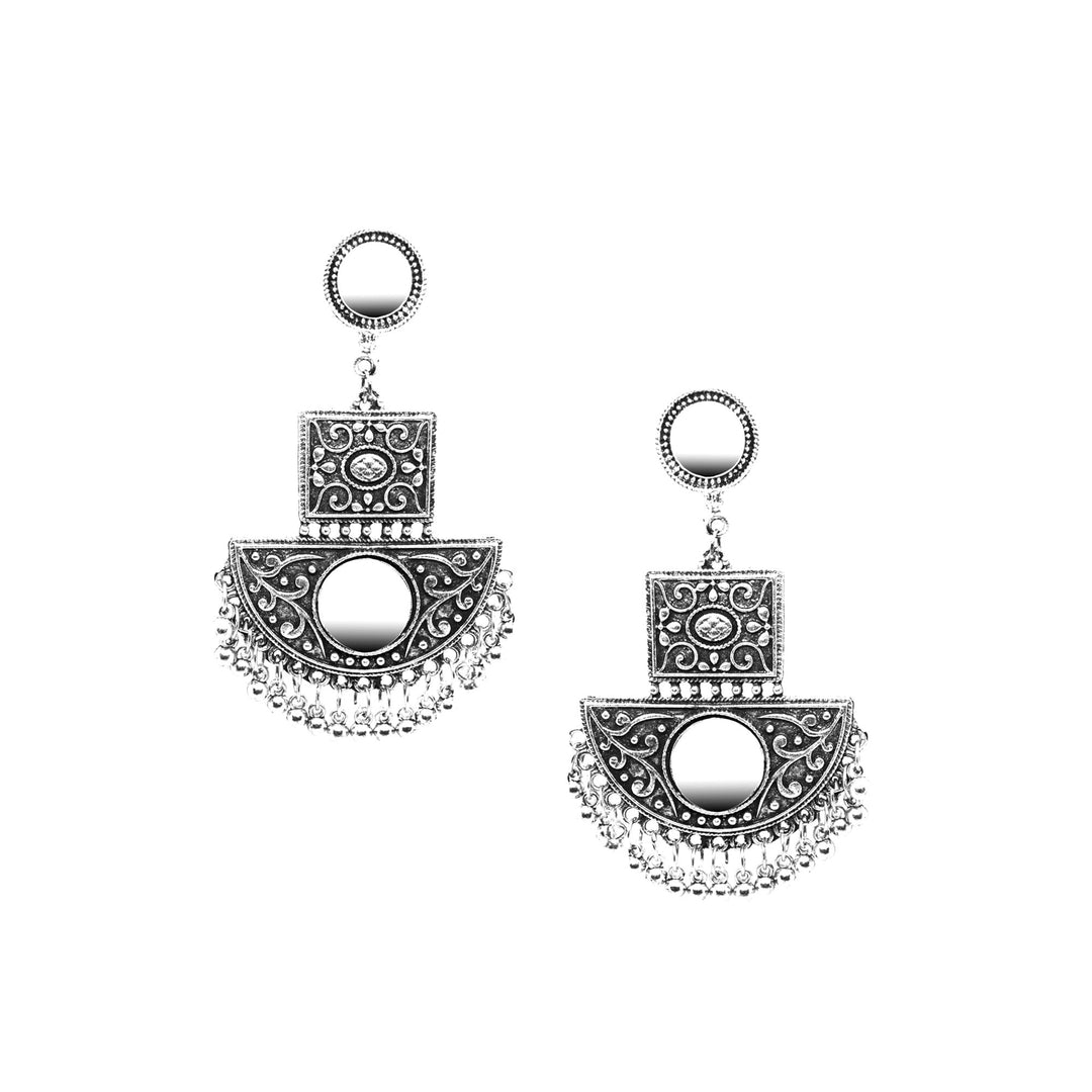 Abhinn Silver Oxidised Floral With Mirror Dangler Earrings For Women