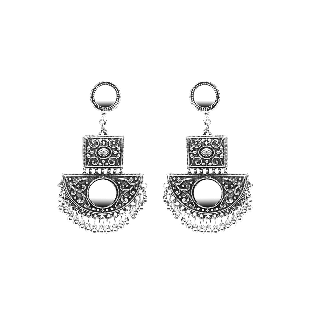 Abhinn Silver Oxidised Floral With Mirror Dangler Earrings For Women