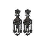 Load image into Gallery viewer, Abhinn Black Polished Floral Design With Hanging Beads Jhumka Earrings For Women
