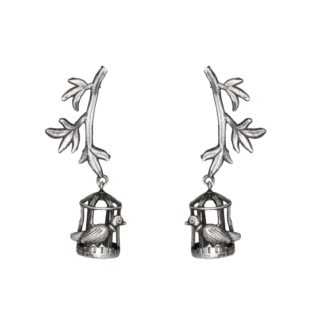 Abhinn Silver Replica Leaves Studs With Bird Cage Jhumki For Women