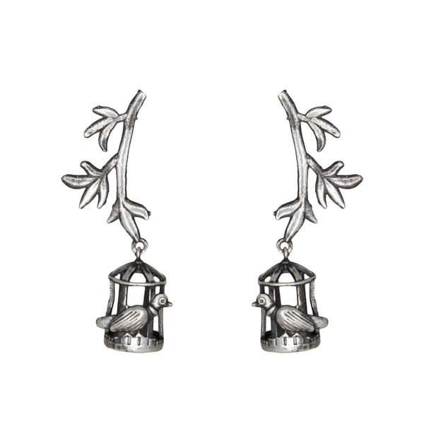 Abhinn Silver Replica Leaves Studs With Bird Cage Jhumki For Women