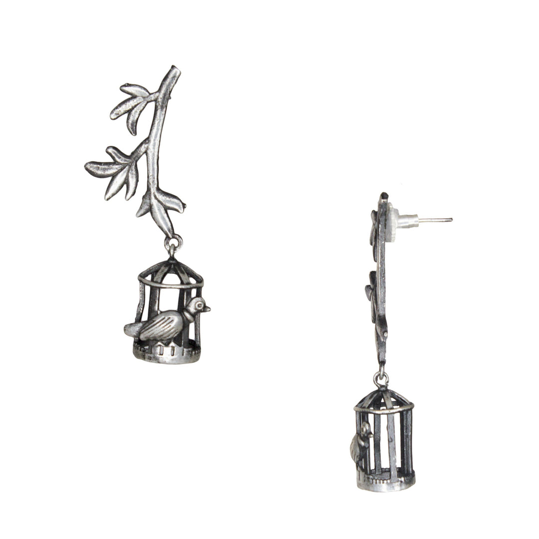 Abhinn Silver Replica Leaves Studs With Bird Cage Jhumki For Women