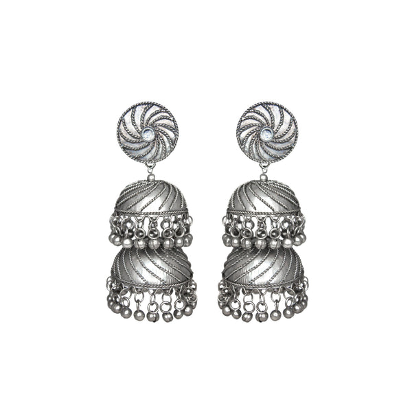 Abhinn Silver Oxidised Triple Layered Jhumka With Ghungroo Earrings For Girls