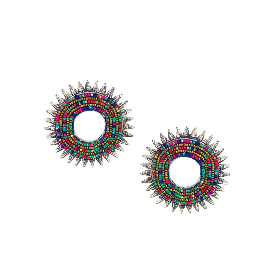 Abhinn Silver Oxidised Sun Shape Multi Colour Beaded Big Stud Earrings For Women