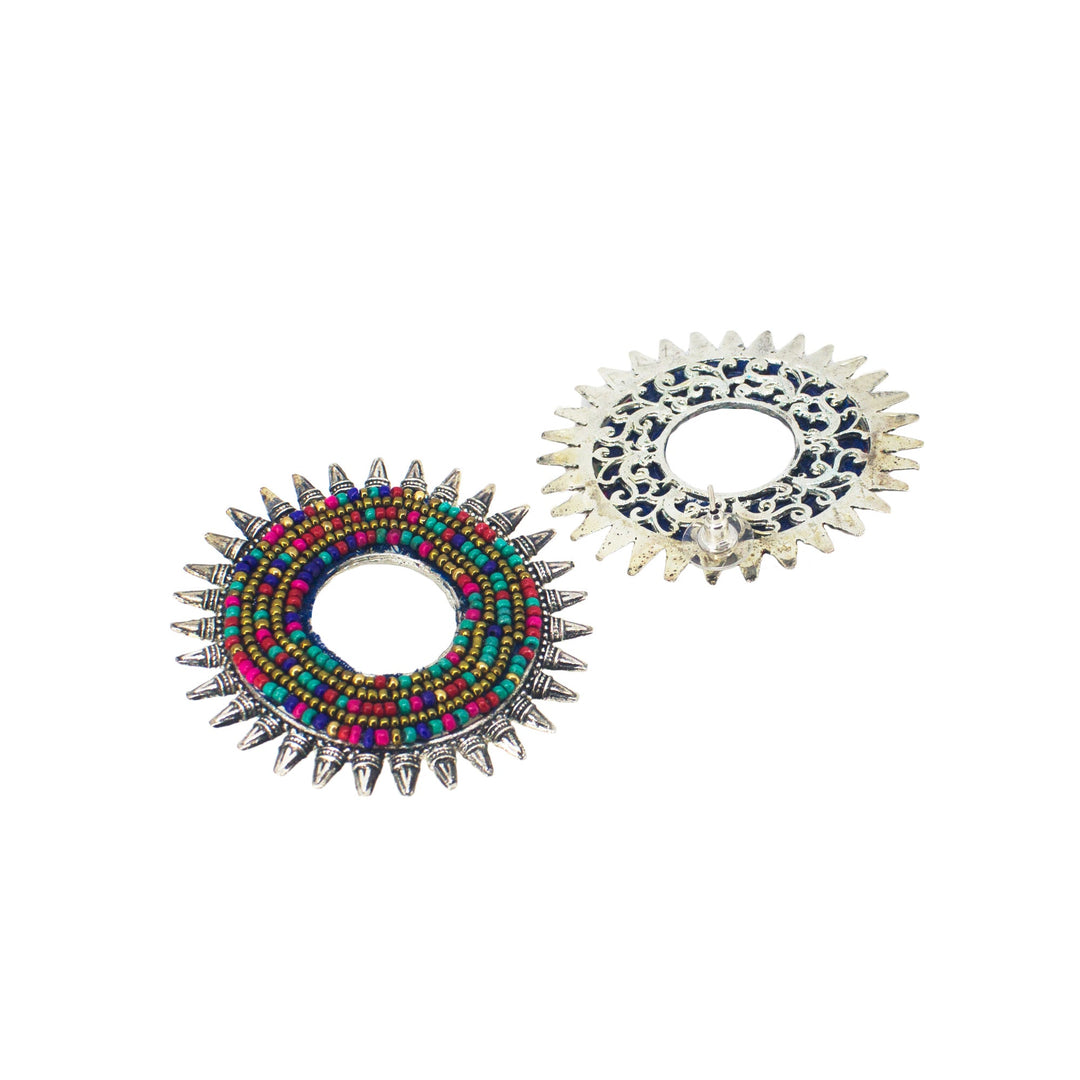 Abhinn Silver Oxidised Sun Shape Multi Colour Beaded Big Stud Earrings For Women