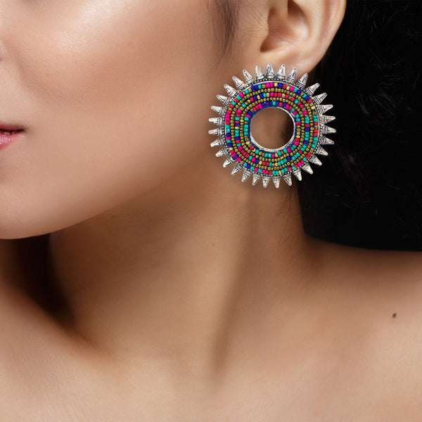 Abhinn Silver Oxidised Sun Shape Multi Colour Beaded Big Stud Earrings For Women