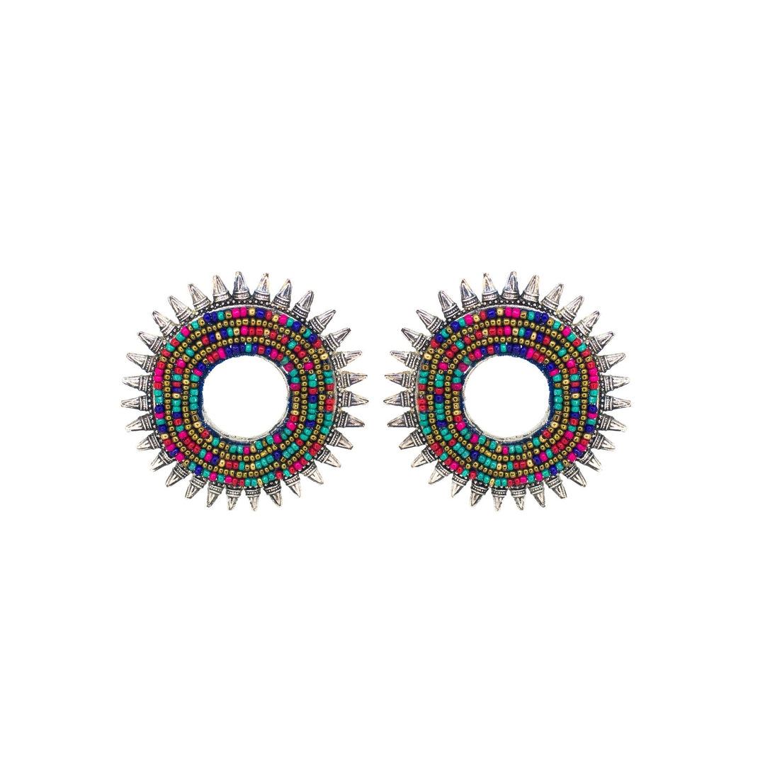Abhinn Silver Oxidised Sun Shape Multi Colour Beaded Big Stud Earrings For Women