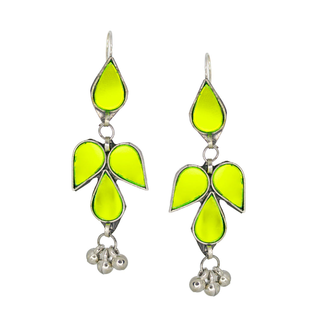 Abhinn Afghani Silver Plated Petal Shape Parrot Green Glass Dangler Earrings For Women