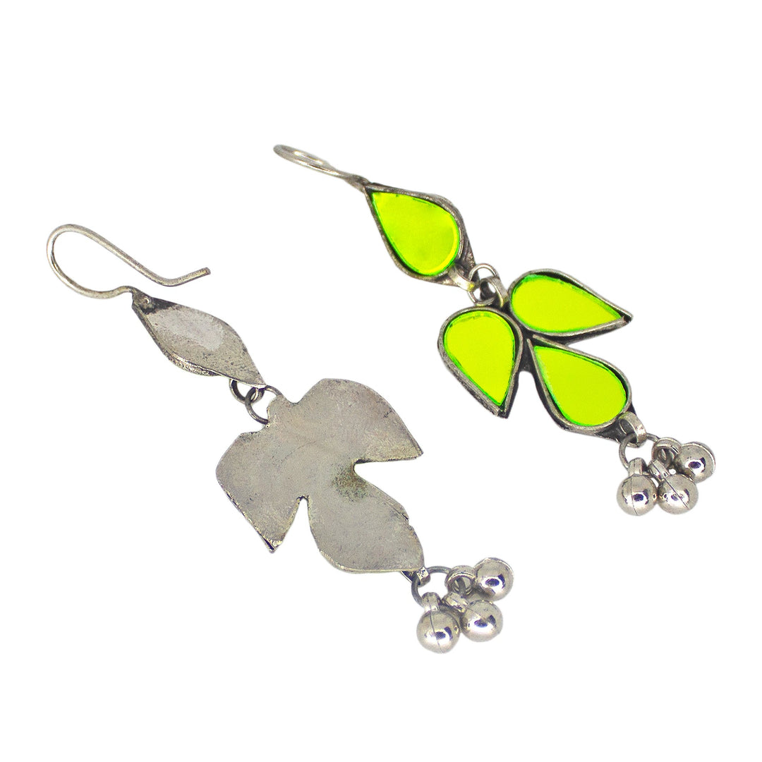 Abhinn Afghani Silver Plated Petal Shape Parrot Green Glass Dangler Earrings For Women