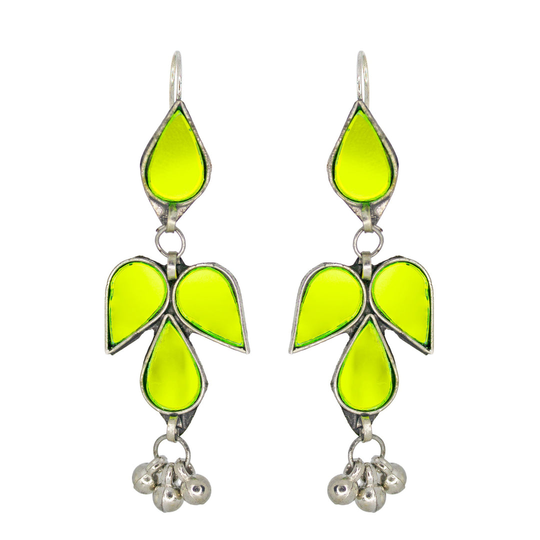 Abhinn Afghani Silver Plated Petal Shape Parrot Green Glass Dangler Earrings For Women