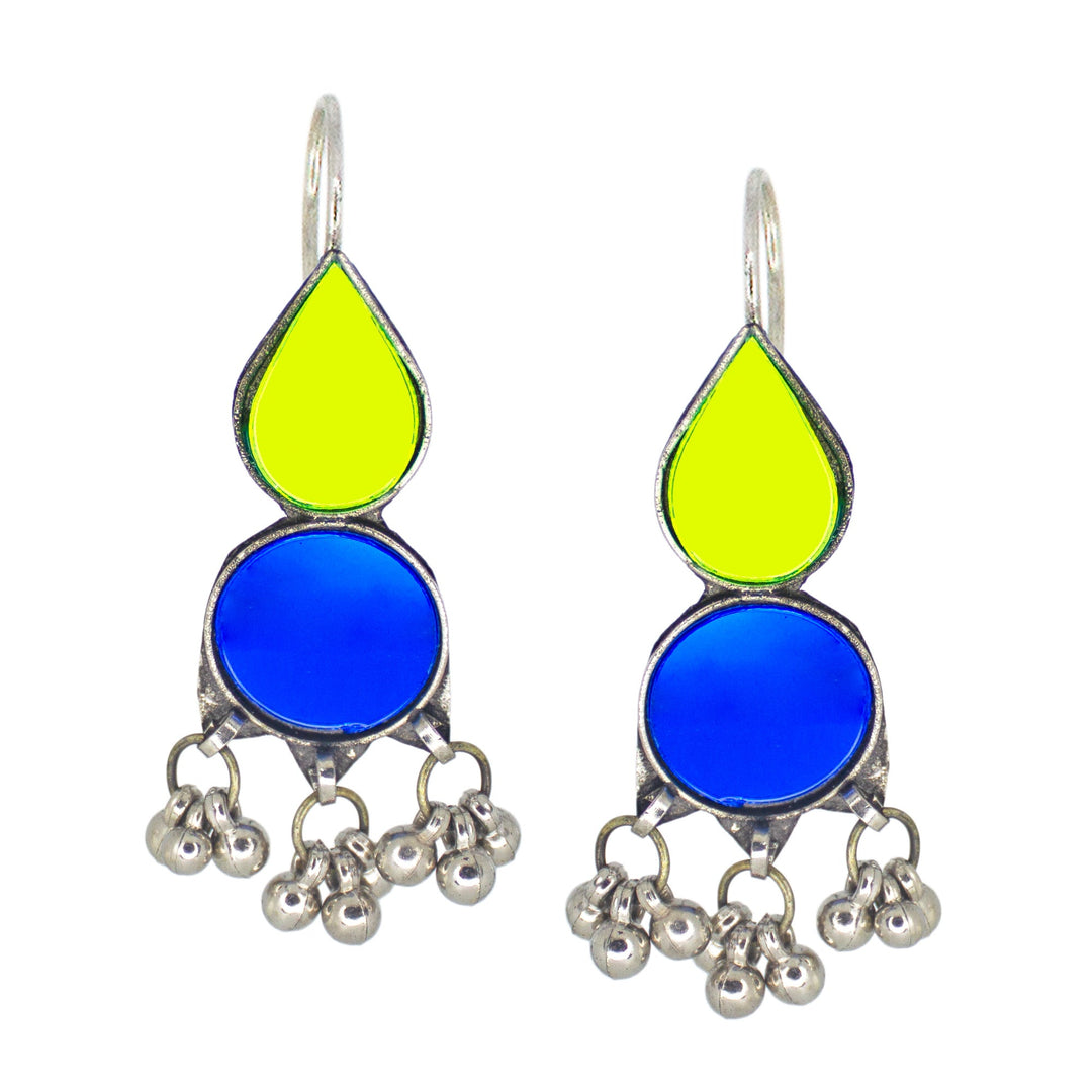 Abhinn Afghani Silver Plated Geometrical Parrot Green-Blue Glass Dangler Earrings For Women