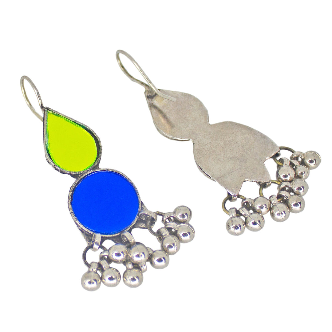Abhinn Afghani Silver Plated Geometrical Parrot Green-Blue Glass Dangler Earrings For Women