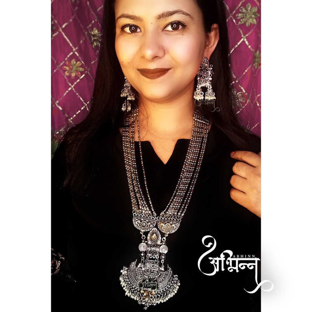 Silver Oxidised Floral Pendant Set Studded With Yellow Mirror & CZ Stones