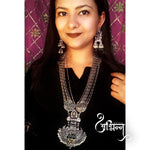 Load image into Gallery viewer, Silver Oxidised Floral Pendant Set Studded With Yellow Mirror &amp; CZ Stones
