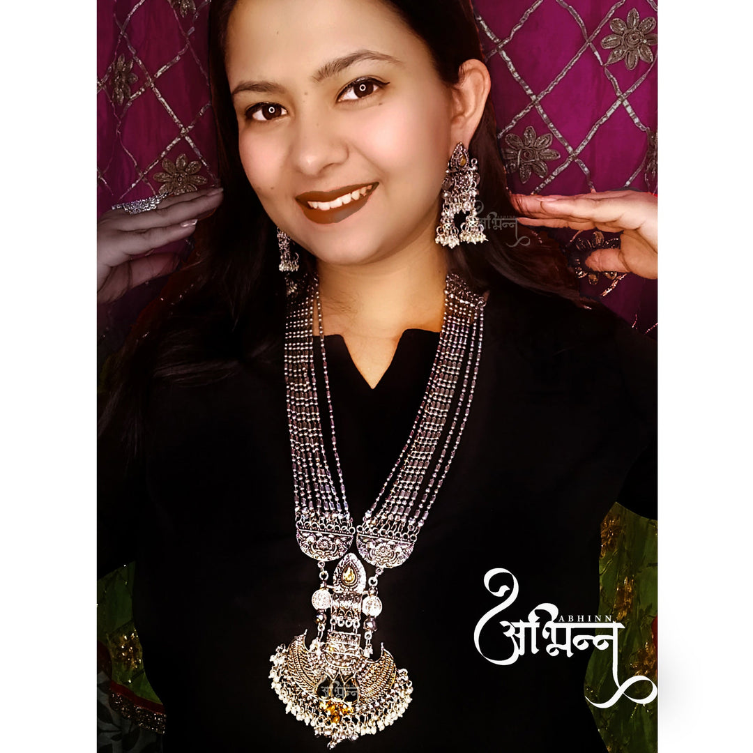 Silver Oxidised Floral Pendant Set Studded With Yellow Mirror & CZ Stones