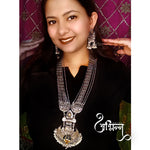 Load image into Gallery viewer, Silver Oxidised Floral Pendant Set Studded With Yellow Mirror &amp; CZ Stones
