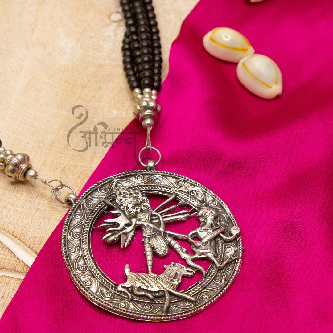 Oxidized German Silver Goddess Durga Round Pendant with Black Pearls