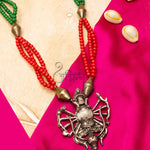 Load image into Gallery viewer, Abhinn Oxidized German Silver Goddess Durga Pendant with Red Green Pearls
