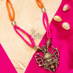 Load image into Gallery viewer, Oxidized German Silver Goddess Durga Pendant with Pink Orange Pearls
